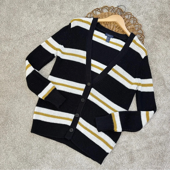 Forever21 Black & Off-White Yellow Striped Open Front Button Cardigan Sweater - Picture 4 of 13